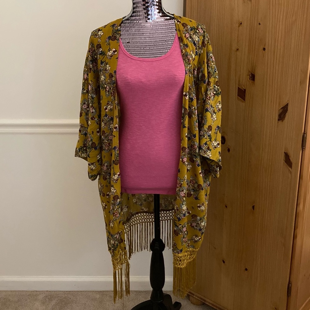 S. R. Fashion Mustard Floral Cardigan w/ Fringe